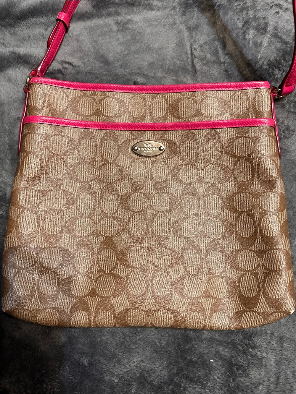 Coach Brown Signature Crossbody with Pink Trim